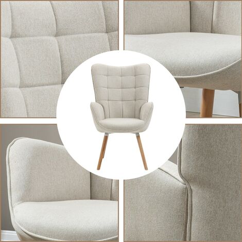 MEUBLES COSY Fauteuil avec revêtement en tissu beige, structure de dossier en métal, assise en contreplaqué et pieds en bois naturel de style scandinave