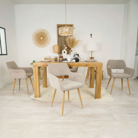 Meubles Cosy – Lot de 4 chaises scandinaves en tissu beige – Assise rembourrée – Pieds métal imitation chêne – Confort et élégance pour salle à manger (1/5)