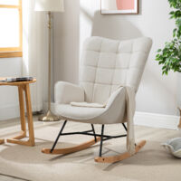 Meubles Cosy – Fauteuil à bascule scandinave en tissu beige – Dossier en métal – Assise en contreplaqué – Pieds en hêtre massif – Confort ergonomique