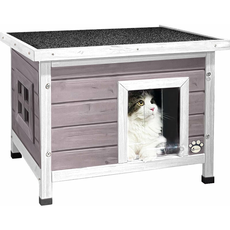 PawHut Caseta para Gatos de Madera 77x50x73 cm Casa para Gatos con 2  Niveles con Techo Asfáltico Terraza Vallada Cueva y Escalera para Interior  y Exterior Natural