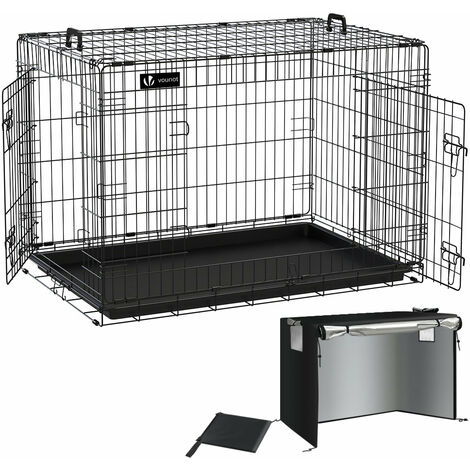 VOUNOT Jaula para Perros de Alambre Metálico de 2 Puertas, Caja para Perros con Cubierta, Perrera Plegable 107x70x78cm