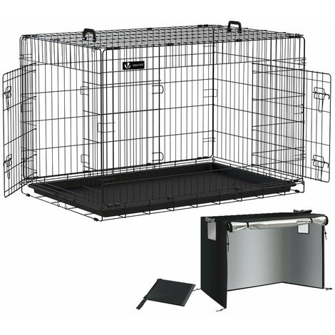 VOUNOT Jaula para Perros de Alambre Metálico de 2 Puertas, Caja para Perros con Cubierta, Perrera Plegable 122x75x81cm