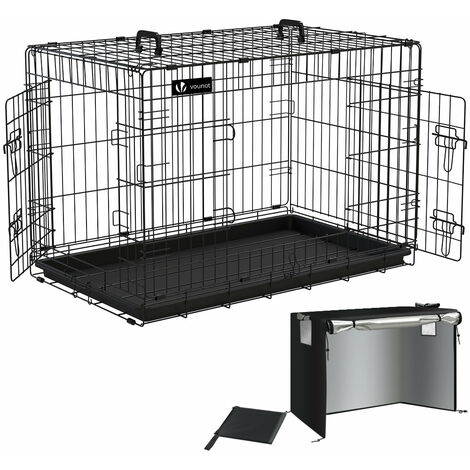 VOUNOT Jaula para Perros de Alambre Metálico de 2 Puertas, Caja para Perros con Cubierta, Perrera Plegable 92x58x64cm