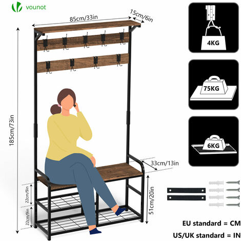 Bengaleiro De Entrada Perchero De Pie Con Banco Y Zapatero VOUNOT®  Ganchos Y Estantes De Madera Industrial 185x85x33cm Perchero Recibidor  Con