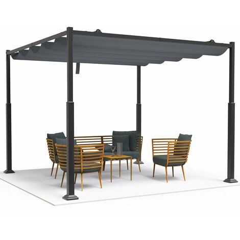 VOUNOT Pérgola Autoportante con Techo Retráctil 3x3m, Carpa Cenador Estructura Metálica Lona Corredera Poliéster 180g/m², Gris