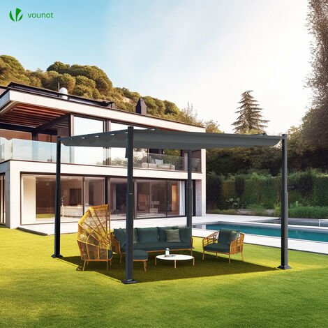 VOUNOT Pérgola Autoportante con Techo Retráctil 3x3m, Carpa Cenador Estructura Metálica Lona Corredera Poliéster 180g/m², Gris
