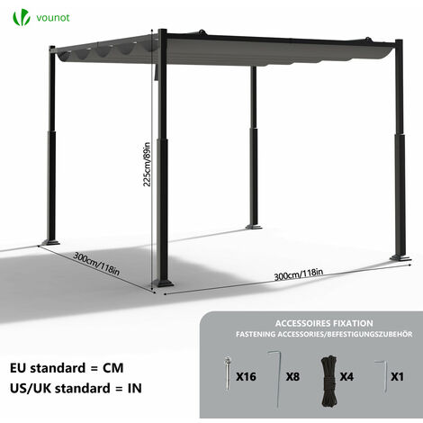 VOUNOT Pérgola Autoportante con Techo Retráctil 3x3m, Carpa Cenador Estructura Metálica Lona Corredera Poliéster 180g/m², Gris