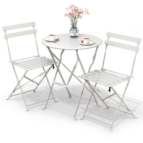 VOUNOT Conjunto Mesa y Sillas Jardín Plegable, Set de Bistro Muebles de Jardín Acero, Blanco (1/5)