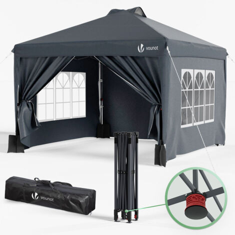 VOUNOT Carpa Plegable Gazebo 3x3m con Botón Central Paredes Laterales, Cenador Pabellón de Jardín Pop Up, Gris