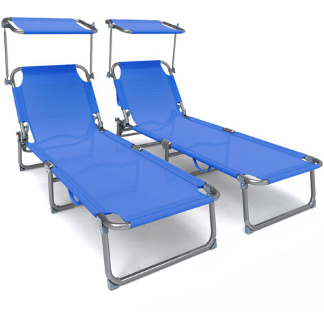 VOUNOT Juego de 2 Tumbonas Plegables con Parasol, Tumbona Playa Respaldo Ajustable Tejido Textileno, 190x58x27cm, Azul