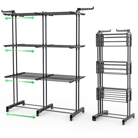Tendedero Vertical Plegable HUOLE Con Ruedas – 3 Niveles, 75-142.5 Cm Ancho – Gran Capacidad (35 Kg) Para Interior/exterior
