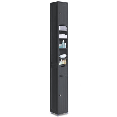 VOUNOT Armario Alto de Baño, Mueble Columna para Baño 2 Puertas y 1 Cajón, Mueble Auxiliar de Almacenaje, 20x20x180cm Negro