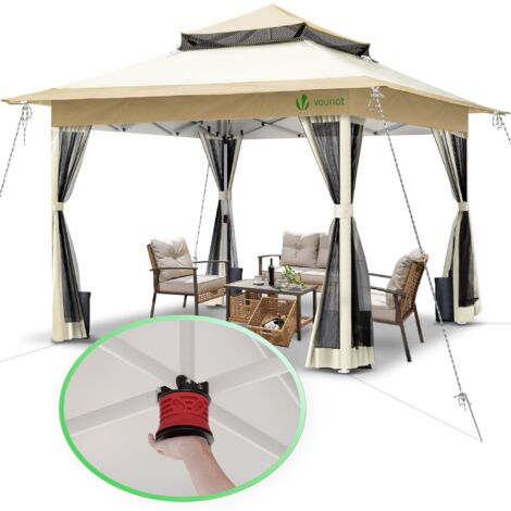 VOUNOT Carpa Plegable Gazebo 3.6x3.6m con Botón Central Paredes Laterales de Malla, Cenador Pabellón de Jardín Pop Up, Beige (1/5)