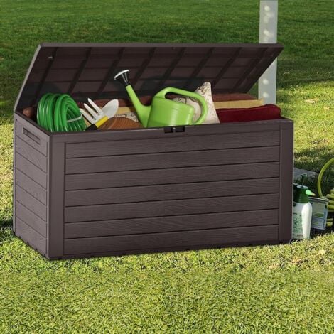 VOUNOT Baúl de Almacenamiento Marrón 116x44x55cm de Plástico Símil Madera 280 L Arcón Cofre de Jardín