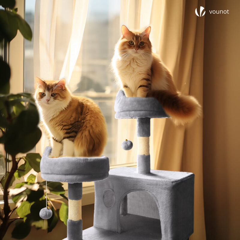 Tiragraffi VOUNOT 155 Cm – Albero Con Cuccia, Amaca, Rampa E 6 Paletti In Sisal, Per Gatti Di Tutte Le Taglie, Grigio