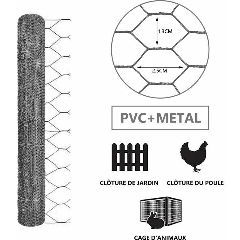 Rete Metallica Zincata Torsione Tripla, Maglia Esagonale 13mm, 100cm x 25m,  Argento