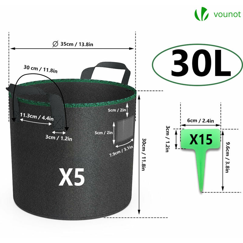 VOUNOT Set di 3 Sacchi per Piante in Tessuto Non Tessuto 43L, Vasi di