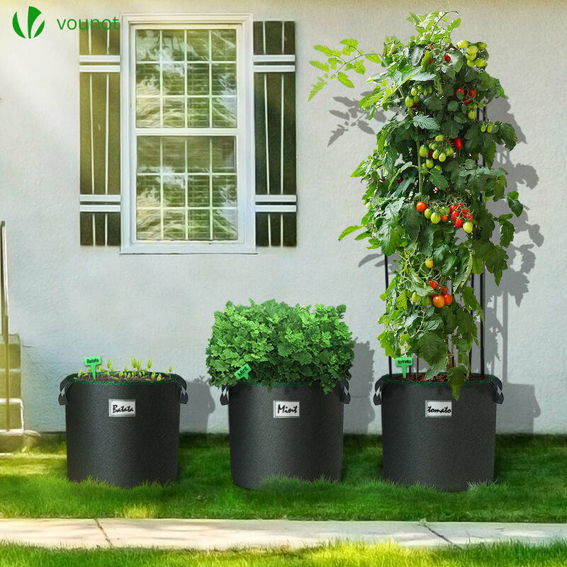 VOUNOT® Set di 5 Sacchi per Piante in Tessuto Non Tessuto 20L, Vasi di Coltivazione con Maniglie e Etichette, Grow Bag Borse per Piantare Verdure e Frutta