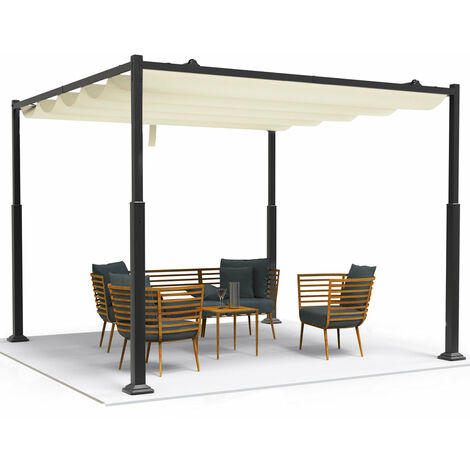 VOUNOT Gazebo Pergola 3x3m con Tetto a Scomparsa, Pergolato da Giardino Tessuto in Poliestere, Beige