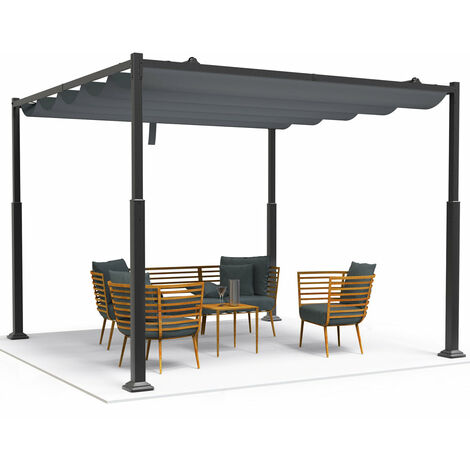VOUNOT Gazebo Pergola 3x3m con Tetto a Scomparsa, Pergolato da Giardino Tessuto in Poliestere, Grigio