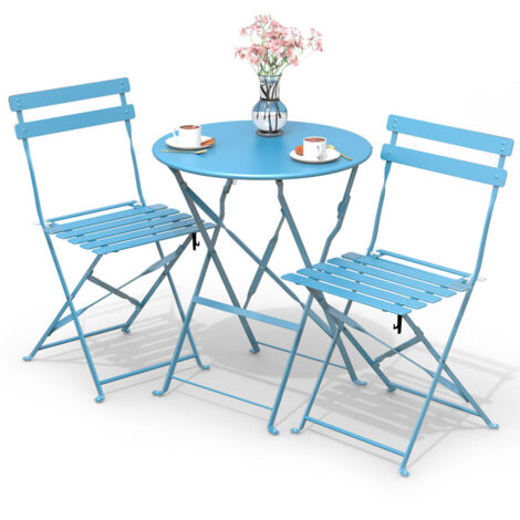 VOUNOT Set da Giardino 3 Pezzi Tavolo Bistrot con 2 Sedie, Set Mobili 3pz Pieghevole in Acciaio, Blu