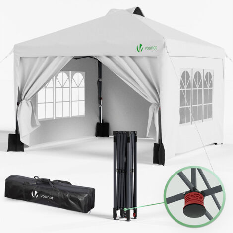 VOUNOT Gazebo Giardino 3x3m Pieghevole con 4 Pareti Laterali, Tenda per Feste Sistema di Clic Pop up con Borsa di Trasporto, Bianco