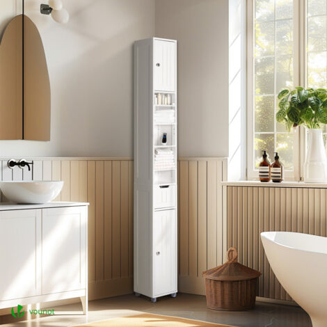 Armadietto bagno 36,5x24,5x170 cm, 2 ante, vani a giorno, triangolare, mobile angolare, ripiani regolabili, MDF, bianco