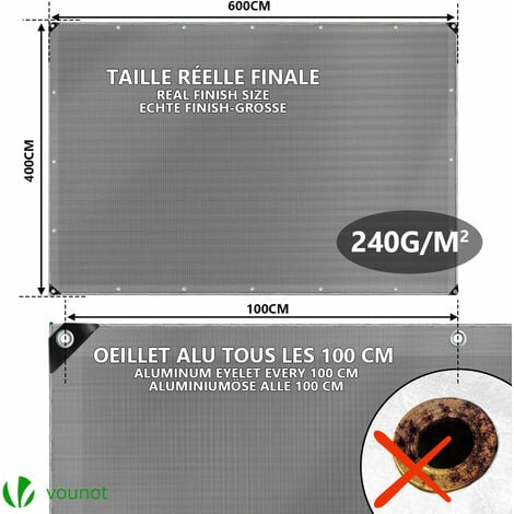 VOUNOT Telo Impermeabile Esterno 4x6m, Telone Occhiellato Rinforzato PE 240  g/m², Grigio-Nero