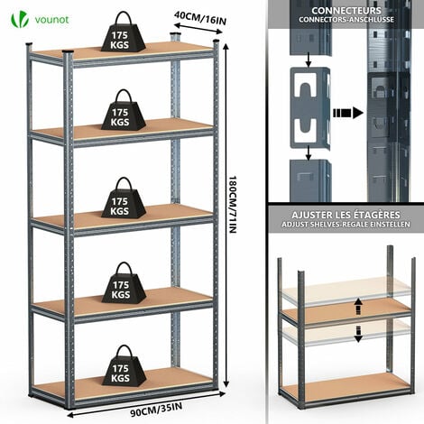 VOUNOT Set di 2 Scaffale Metallo Garage 90x40x180 cm, Scaffalature a 5  Ripiani Capacità 875 kg