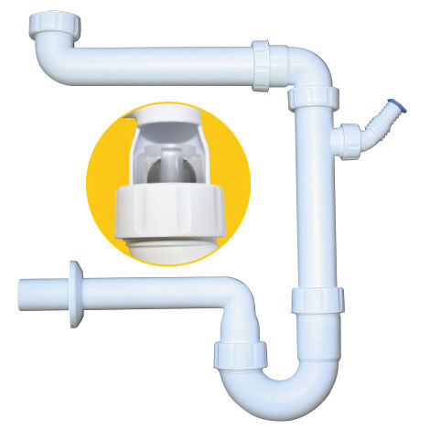 PP-Raumspar Kugelverschlußsiphon DN 32, 1 1/2" & 1 1/4"für Spülen und Waschtische,  weiss