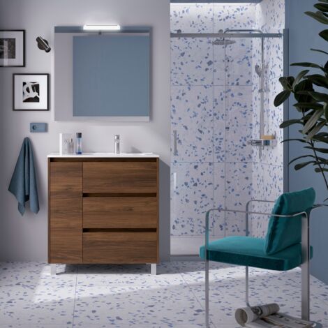 Badezimmermöbel NOJA 850 3 Schubladen und 1 linke Tür NUSSBAUM MAYA + Waschtisch (1/2)