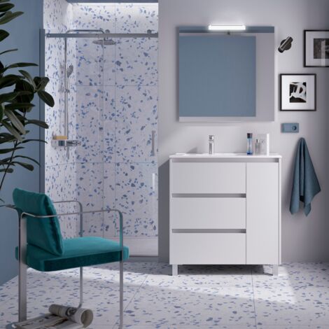 Badmöbelset NOJA 850 3 Schubladen und 1 rechte Tür WEISS SATIN + Waschbecken + Spiegel (1/2)