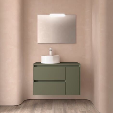 Badezimmermöbel NOJA 850 2 Schubladen und 1 rechte Tür GREEN SATIN + Waschtisch-Platte