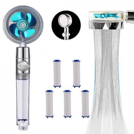 SAVEWATER POWER- VENTEO - PACK douchette + 5 recharges filtres - Pommeau de douche avec hélice haute pression - Economise et filtre l'eau - Régulateur de puissance grâce à l'interrupteur stop - Tête a (1/5)