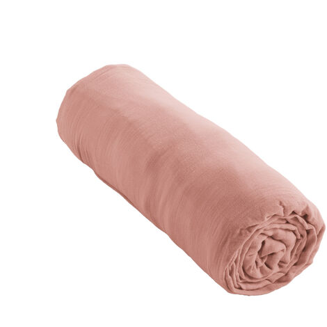 Drap housse Gaze de Coton 160x200 GAIA matelas épais Rose Pêche (1/5)