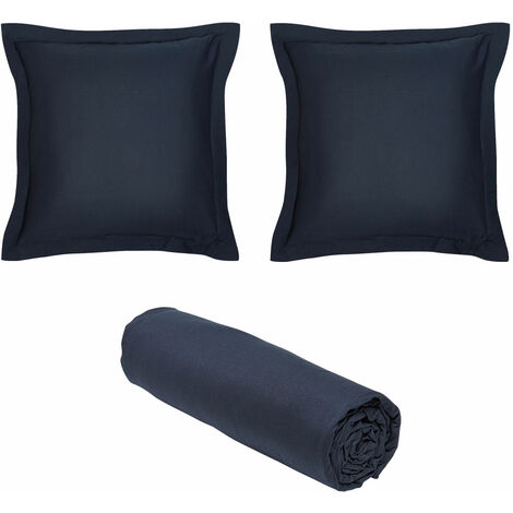 1 drap housse 90x190 cm Coton Bio + 2 taies carrées Bleu Navy