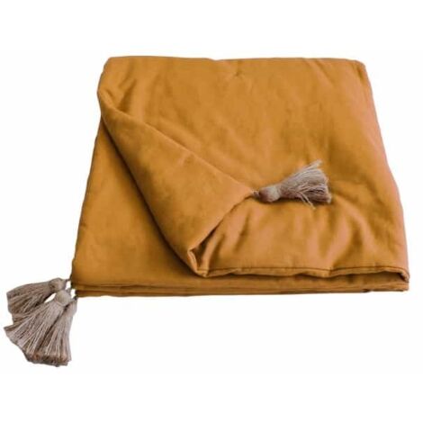 Edredon Panama avec pompons en jute Jaune moutarde 90x190 cm