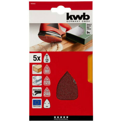 Lot de 5 triangles abrasifs de forme spéciale KWB - 136 x 96 mm - 93 mm - Grain 80-120-240