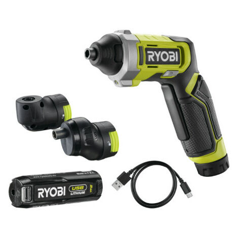 RYOBI Tournevis 4V USB Lithium - 1 batterie 2,0Ah - coffret 10 embouts - mandrin déporté - renvoi d'angle - RSD4-120TA2