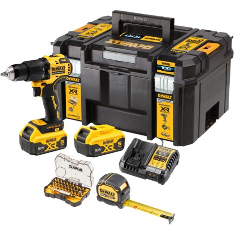 Perceuse visseuse à percussion XR 18V DEWALT - 2 batteries 5,0Ah - Chargeur - Mètre ruban 5m - Coffret vissage