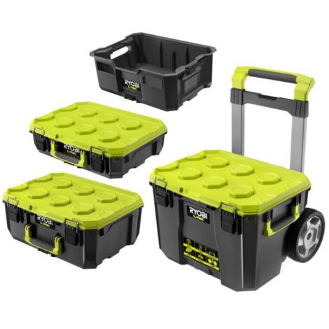 Ryobi – Pack de 3 boîtes à outils sur roulettes – Capacité 90,7 kg – Indice IP65 pour protection contre l'eau et la poussière – Rangement intelligent (1/5)