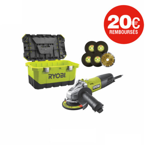 Meuleuse d'angle RYOBI 800W 125mm - 1 disque diamant - 5 disques à ébarber - Toolbox RAG800-125TA6 (1/5)