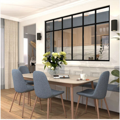 Verrière d'intérieur en aluminium - 6 vitrages avec traverses décoratives - Noir - 207 x 123 cm