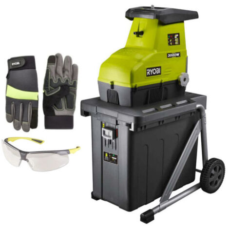 Ryobi – Broyeur de végétaux électrique 3000W – Diamètre de coupe 45 mm – Bac 55 L – Moteur silencieux – Gants renforcés taille XL – Lunettes de protection (1/5)