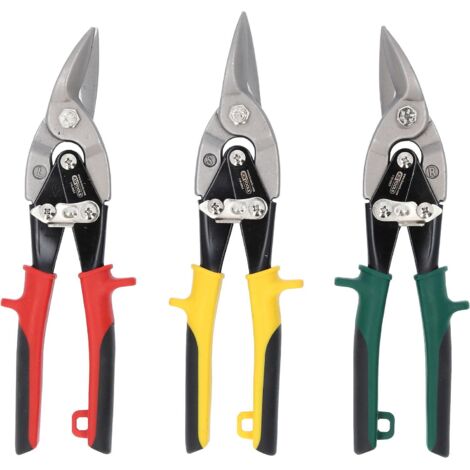 Ks Tools – Jeu de cisailles à tôle – 3 pièces – Capacité de coupe acier 1,25 mm – Lame dentée avec ressort – Arrêt de verrouillage sécurité