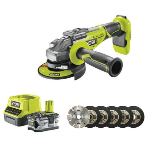 Pack RYOBI meuleuse d'angle brushless 18V One+ - 1 batterie 18V 4.0Ah - 1 chargeur rapide - Kit 6 disques 125 mm (1/5)