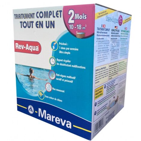 Mareva – Désinfectant chloré pour piscine 10 à 18m³ – Traitement complet 4 en 1 – Pack de 2 mois – Anti-algues, clarifiant, stabilisateur de pH
