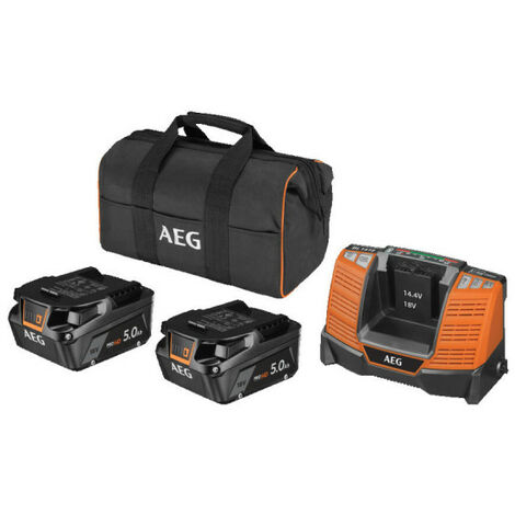 AEG – Pack de 2 batteries lithium 18V 5,0 Ah – Technologie HD SYNC – Protection contre surcharge et surchauffe – Chargeur et sac inclus (1/6)
