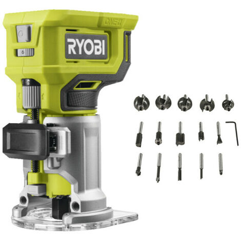 Pack RYOBI - Affleureuse à bois - RTR18-0 - 18V One+ - Sans batterie ni chargeur - Coffret 15 fraises panachées RAKRBS15 queue de diamètre 6mm