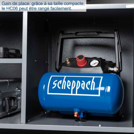 Scheppach Compresseur d'air comprimé HC06 - 1200 W - Sans huile - Cuve 6 L - Pression 8 bar - Puissance d'aspiration 200 L/min - Compresseur d'air compact - Tuyau 5 m